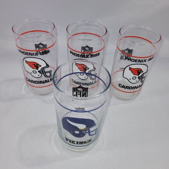 Mobil NFL Football Phoenix Cardinals & Vikings Vintage Glass Set 4 Beer Glasses - Picture 1 of 2